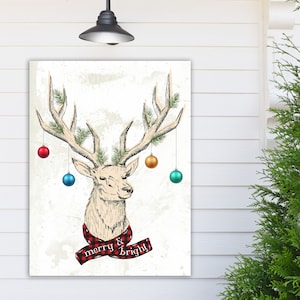 Fun Christmas Wall Decor, Merry & Bright Reindeer Antlers with Hanging Ornaments, Retro Vintage Holiday Canvas Art Print, Festive Decoration