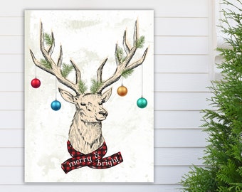 Fun Christmas Wall Decor, Merry & Bright Reindeer Antlers with Hanging Ornaments, Retro Vintage Holiday Canvas Art Print, Festive Decoration