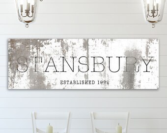 Modern Farmhouse Decor Established Last Name Sign, Rustic Home Decor Canvas Wall Art Print, Vintage Industrial Family Name Sign Living Room