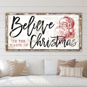 Vintage Christmas Sign Modern Farmhouse Wall Decor, Believe in the Magic Primitive Rustic Santa Art, Cozy Nostalgic Country Holiday Sign