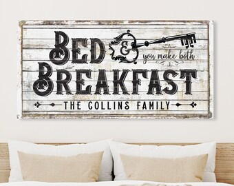 Custom Bed & Breakfast Family Name Sign Retro Boho Artwork, Shabby Rustic Canvas Dining Room Print, Vintage Farmhouse Bedroom Wall Decor