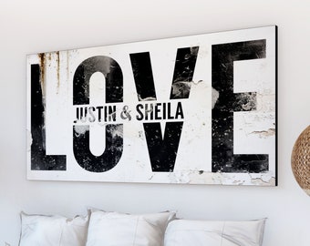Modern Vintage Farmhouse Wall Decor Personalized Newlywed Couple Bedroom Love Sign, Industrial Rustic Black & White Romantic Canvas Artwork