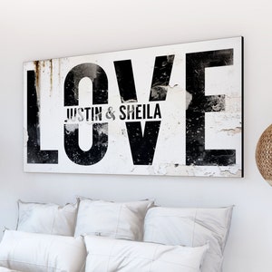 Modern Vintage Farmhouse Wall Decor Personalized Newlywed Couple Bedroom Love Sign, Industrial Rustic Black & White Romantic Canvas Artwork image 1