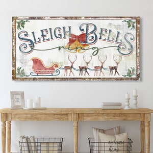 Sleigh Bells Ring Colorful Reindeer Rustic Christmas Sign Modern Farmhouse Wall Decor, Cozy Winter Primitive Country Holiday Decoration