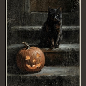 May include: A digital print featuring a black cat sitting on stone steps next to a carved, glowing orange jack-o'-lantern. The text WICK & WANE HALLOWEEN COLLECTION and DIGITAL DOWNLOAD appears on the dark background with a small logo in the corner.