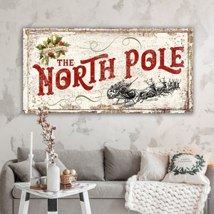 Holiday Decor Victorian Christmas Sign, North Pole French Country Wall Decor, Vintage Farmhouse Chic Holiday Wall Decor, Large Christmas Art