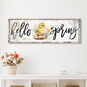 Vintage Country Hello Spring Sign Modern Farmhouse Wall Decor, Rustic Primitive Colorful Spring Chick Pastel Decoration Canvas Artwork Print