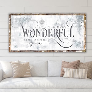 The Most Wonderful Time of the Year Hanging Canvas Art Sign, Cozy Warm Fire Halls Seasonal Yuletide Victorian Ornate Holiday Decorations