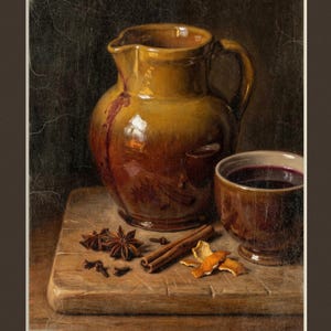 May include: A digital download titled ALL THE TRIMMINGS THANKSGIVING COLLECTION featuring a painting of a brown ceramic pitcher and a matching cup filled with dark liquid, placed on a wooden board with star anise, cinnamon sticks, and orange peel.