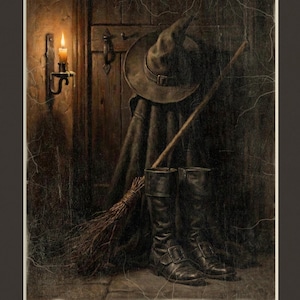 May include: A digital download titled WICK & WANE HALLOWEEN COLLECTION featuring a dark, textured illustration of a pointed hat, a wooden broom, and black leather boots leaning against a wooden door, illuminated by a single wall-mounted candle.