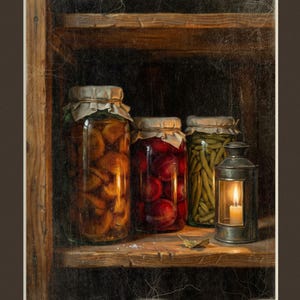 May include: A digital download titled ALL THE TRIMMINGS THANKSGIVING COLLECTION featuring a painting of three glass jars filled with preserved food and a metal lantern with a lit candle, all arranged on a wooden shelf with a dark background.