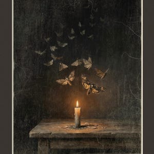 May include: A digital download titled WICK & WANE HALLOWEEN COLLECTION featuring a dark, textured background with a lit candle on a wooden table. A swarm of moths flies upward from the flame. The bottom right corner displays the RETRO REVERENCE logo.