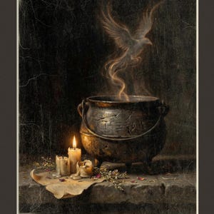 May include: A digital download print titled WICK & WANE HALLOWEEN COLLECTION featuring a dark, textured scene of a cast iron cauldron with etched symbols. A ghostly bird rises from the pot in smoke, accompanied by two lit candles on parchment paper.