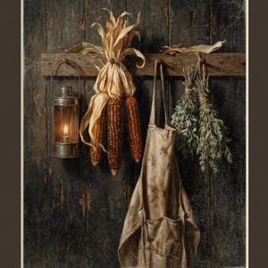 May include: A digital print titled ALL THE TRIMMINGS THANKSGIVING COLLECTION featuring a dark wooden wall with a hanging lantern, three dried corn cobs, a beige apron, and two bundles of dried herbs. The bottom corner displays a logo with the text RETRO REVERENCE.