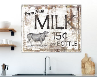 Rustic Dairy Cow Farm Fresh Milk Sign Vintage Farmhouse Wall Decor Primitive Country Dining Room Black & White Canvas Art Print Family Gift