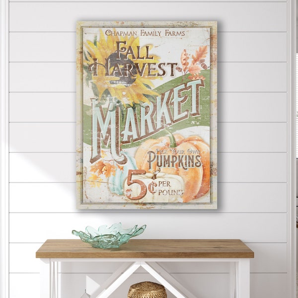 Personalized Vintage Style Fall Farmers Market Sign Primitive Country Wall Decor, Pick Your Own Pumpkins Indoor Seasonal Autumn Canvas Art