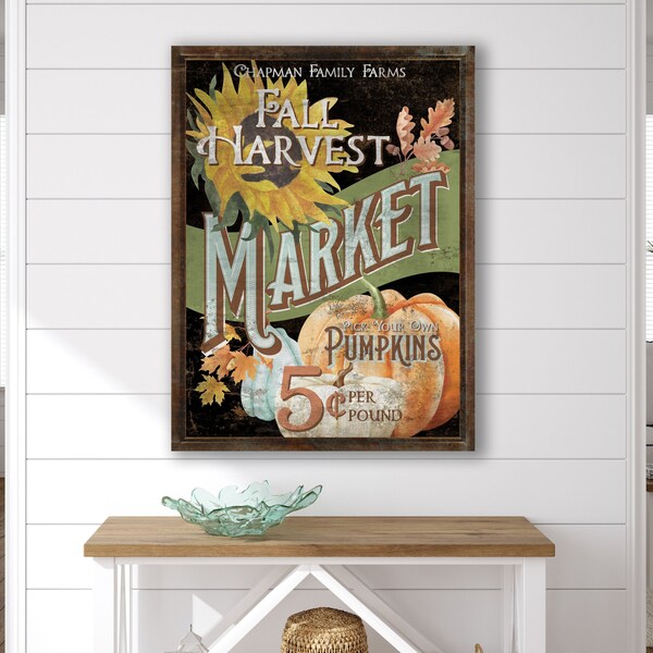 Personalized Farmers Market Fall Sign French Country Wall Decor, Pick Your Own Pumpkins & Sunflowers Colorful Seasonal Autumn Canvas Print