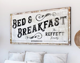 Modern Farmhouse Wall Decor Bed & Breakfast Family Sign, Primitive Rustic Wall Decor Custom Last Name Sign Farm Country Decor Canvas Art