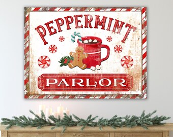 Oversized Peppermint Parlor Hot Cocoa & Gingerbread Christmas Mantel Wall Decor, Modern Winter Nostalgic Primitive Industrial Big Canvas Art