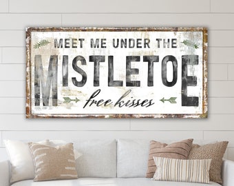 Modern Farmhouse Christmas Wall Decor Mistletoe Sign, Meet Me Under the Mistletoe Primitive Rustic Holiday Art, Cozy Nostalgic Country Sign