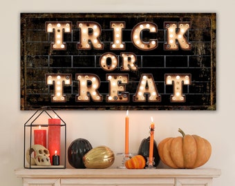 Spooky Halloween Wall Decor Trick or Treat Sign, Creepy Steampunk Rustic Fall Sign Vintage Farmhouse Wall Decor Canvas, Autumn Decoration