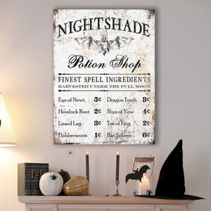 Spooky Halloween Decor Nightshade Bat Potion Shop Fall Holiday Canvas Wall Art, Creepy Gothic Home Mantel Decoration Primitive Fall Sign