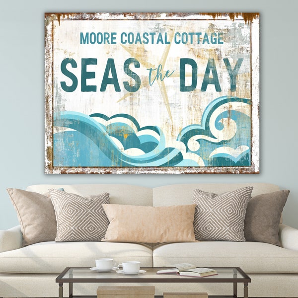 Coastal Cottage Wall Decor Personalized Family Beach House Sign, Living Room Ocean Decor, Rustic Chic Last Name Canvas Art Home Decor Print