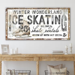 Vintage Christmas Sign Modern Farmhouse Wall Decor, Winter Wonderland Ice Skating Primitive Rustic Art, Cozy Nostalgic Country Holiday Sign