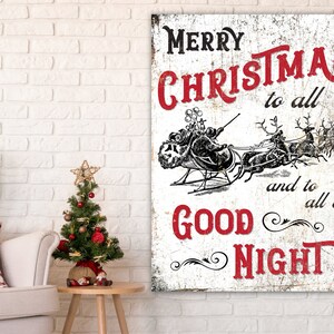 Merry Christmas to All Classic Red Traditional Christmas Wall Decor, Vintage Santa Sleigh with Reindeer Winter Holiday Canvas Print Sign