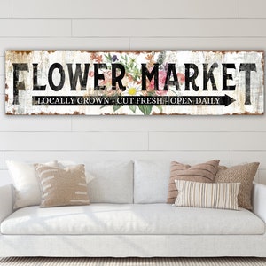 Shabby Rustic Flower Market Sign Modern Farmhouse Wall Decor, Primitive Country Wall Art Home Decor Print Garden Lover Gift for She Shed