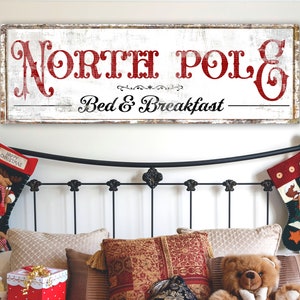 Vintage Christmas Sign Modern Farmhouse Wall Decor, North Pole Bed and Breakfast Sign Primitive Rustic Chic Wall Art Holiday Mantel Decor
