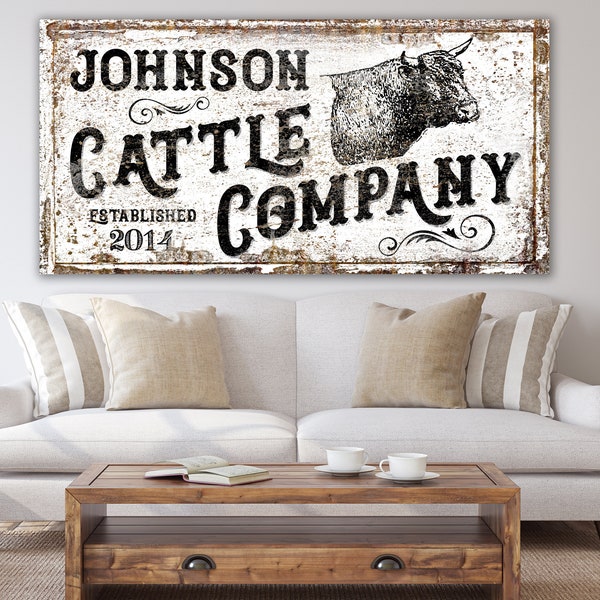 Modern Farmhouse Wall Decor Cattle Company Last Name Family Sign, Vintage Rustic Wall Decor Primitive Country Living Room Wall Art Cow Print