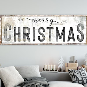 Vintage Merry Christmas Sign Farmhouse Wall Decor, Primitive Rustic Chic Wall Art Neutral Holiday Mantel Decor, Vintage Shabby Country Print