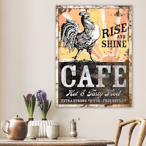 Rustic Rooster Rise & Shine Cafe Sign Farmhouse Wall Decor, Vintage Kitchen Wall Art, Primitive Country Kitchen Decor Shabby Distressed Sign