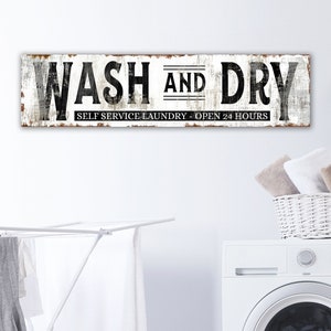 Modern Farmhouse Wall Decor Laundry Sign, Rustic Chic Wash & Dry Self Service Laundry Room Decor, Vintage Wall Art, Primitive Home Decor