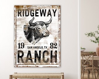 Personalized Family Sign, Western Rustic Cattle Cow Canvas Art Print, Primitive Country Artwork, Established Farmhouse Last Name Wall Decor,
