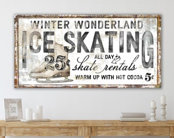 Vintage Christmas Sign Modern Farmhouse Wall Decor, Winter Wonderland Ice Skating Primitive Rustic Art, Cozy Nostalgic Country Holiday Sign