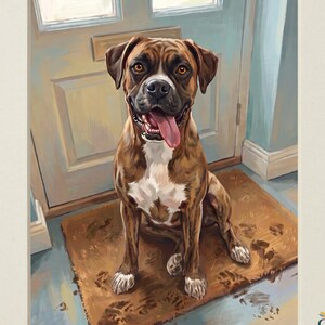 May include: A digital illustration of a brown and white Boxer dog sitting on a brown doormat in front of a light blue door. The dog has its tongue out and is looking forward. The text HEIRLOOM TAILS COLLECTION and DIGITAL DOWNLOAD are visible.
