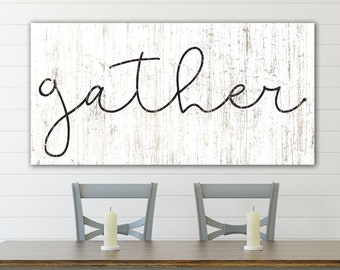 Rustic Gather Sign Modern Farmhouse Wall Decor Shabby French Country Canvas Art Print for Dining Room Cottage Chic Family Housewarming Gift