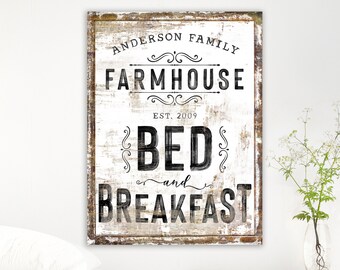 Custom Bed & Breakfast Family Name Sign Vintage Wall Art, Large Rustic Canvas Print, Modern Farmhouse Wall Decor Bedroom, Last Name Sign