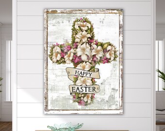 Rustic Farmhouse Religious Wall Decor Vintage Floral Cross Illustration Happy Easter Sign, Christian Faith Spring Canvas Wall Art Print