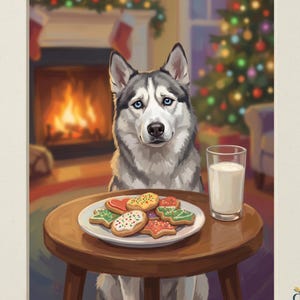 K&ouml;nnte beinhalten: Eine digitale Illustration mit dem Titel HEIRLOOM TAILS COLLECTION zeigt einen grau-wei&szlig;en Husky an einem runden Holztisch mit einem Teller bunter Weihnachtspl&auml;tzchen und einem Glas Milch, vor einem Kamin und einem Weihnachtsbaum.