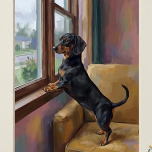 May include: A digital print titled Heirloom Tails Collection featuring a black and tan dachshund standing on a yellow armchair, looking out a window. The artwork displays visible brushstrokes and includes the text Digital Download.