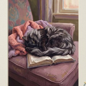 May include: A digital illustration titled Heirloom Tails Collection featuring a fluffy black cat curled up asleep on an open book resting on a mauve armchair. A textured peach and lavender blanket is draped behind the cat. Text reads Digital Download.