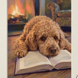 May include: A digital illustration of a curly-haired golden dog resting its chin on an open book. The text HEIRLOOM TAILS COLLECTION appears at the top, and DIGITAL DOWNLOAD is at the bottom. A small logo with the letters RR is in the corner.