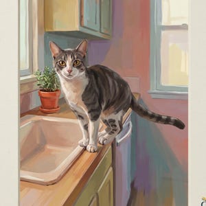 May include: A digital illustration titled Heirloom Tails Collection featuring a grey and white tabby cat standing on a kitchen counter next to a small potted plant and a sink. The scene includes text at the top and bottom, with a logo in the corner.