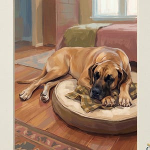 May include: A digital art print titled HEIRLOOM TAILS COLLECTION featuring a tan dog with a black muzzle resting on a round beige bed. The dog lies on a wooden floor with a plaid blanket. The text DIGITAL DOWNLOAD appears at the bottom.