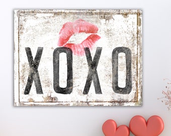 XOXO Hugs & Kisses Love Sign, Black and White Typography Art, Valentine's Day Decor, Anniversary Gift for Her, Modern Farmhouse Canvas Print