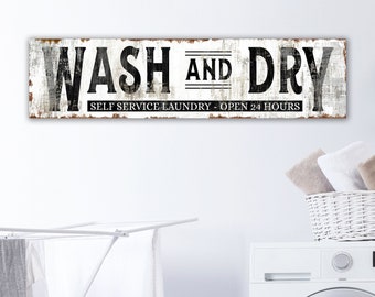 Modern Farmhouse Wall Decor Laundry Sign, Rustic Chic Wash & Dry Self Service Laundry Room Decor, Vintage Wall Art, Primitive Home Decor