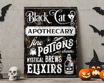 Halloween Decor, Black Cat Apothecary Potions & Elixirs Fall Holiday Wall Art, Rustic Fall Sign, Creepy Gothic Home Decor, Autumn Decoration